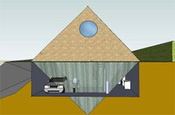 Vista de una piramicasa con garaje y su antipirámide